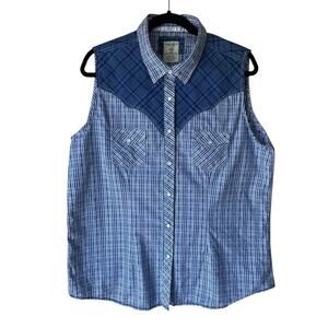 Panhandle Women's Western Blue Plaid Sleeveless Button-Up Shirt Size XL